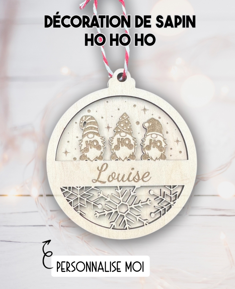 Boule de noël en bois. Décoration noël prénom. Boule noël bois personnalisée. Boule noël prénom ho ho ho