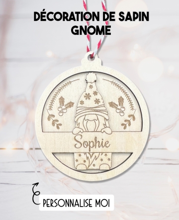Boule de noël en bois. Décoration noël prénom. Boule noël bois personnalisée. Boule noël prénom gnome