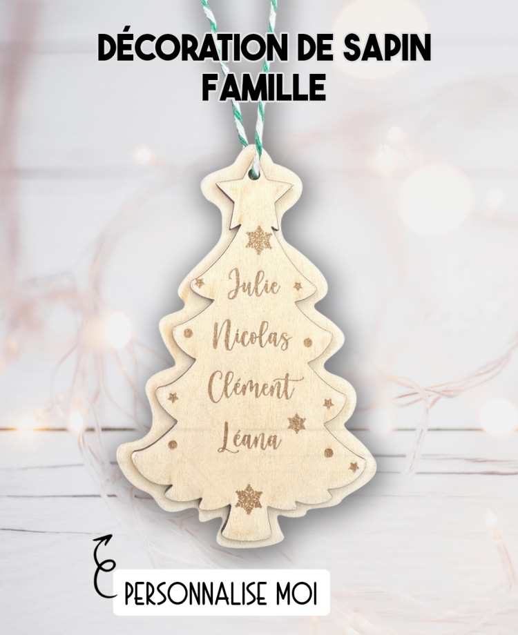 Sapin de noël en bois. Décoration Sapin famille. décoration noël bois personnalisée. Boule noël prénom famille
