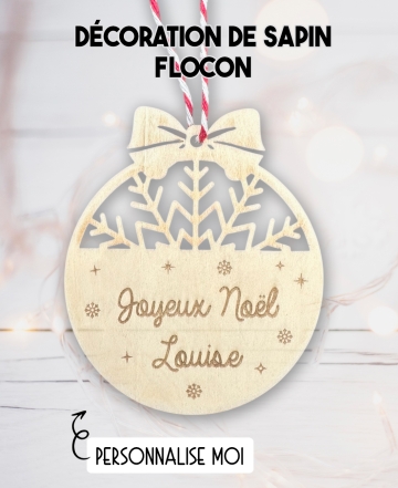 Boule de noël en bois. Décoration noël prénom. Boule noël bois personnalisée. Boule noël prénom flocon