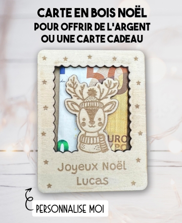 carte en bois Noël Renne. Carte cadeau Noël. Cadeau Noël original. offrir argent Noël original