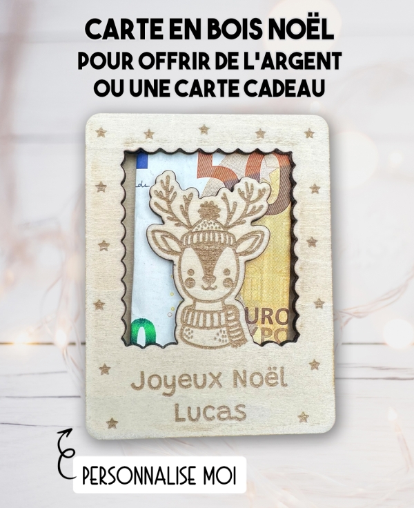 carte en bois Noël Renne. Carte cadeau Noël. Cadeau Noël original. offrir argent Noël original