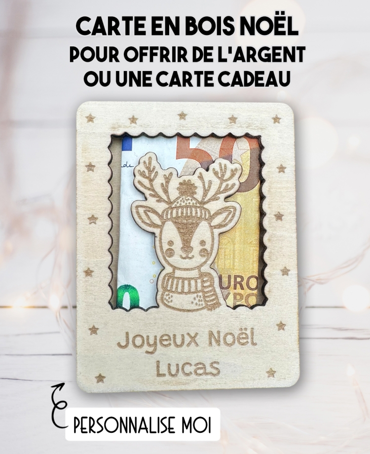 carte en bois Noël Renne. Carte cadeau Noël. Cadeau Noël original. offrir argent Noël original