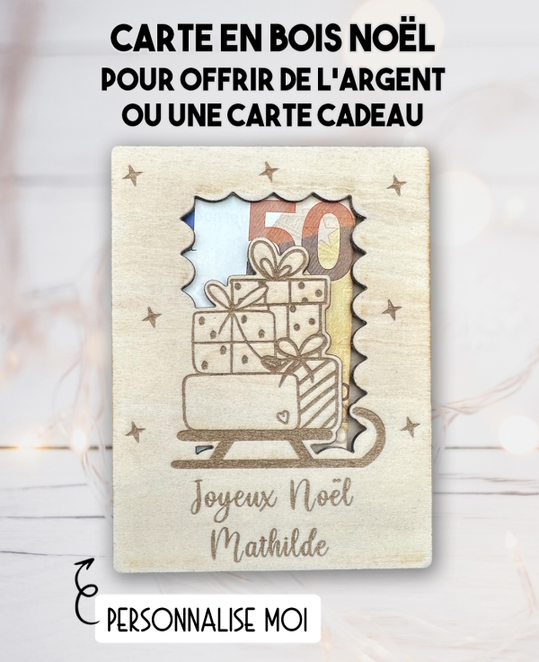 carte en bois Noël Traineau. Carte cadeau Noël. Cadeau Noël original. offrir argent Noël original