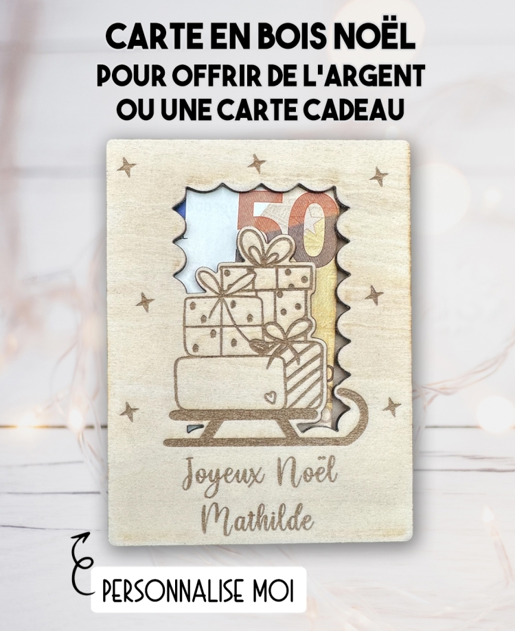 carte en bois Noël Traineau. Carte cadeau Noël. Cadeau Noël original. offrir argent Noël original