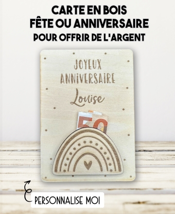 carte en bois anniversaire. Carte cadeau fête. Cadeau baptême original. offrir argent anniversaire original