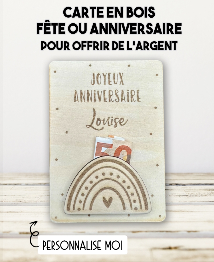 carte en bois anniversaire. Carte cadeau fête. Cadeau baptême original. offrir argent anniversaire original