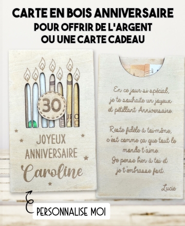 carte en bois anniversaire. Carte cadeau fête. Cadeau anniversaire original. offrir argent anniversaire original