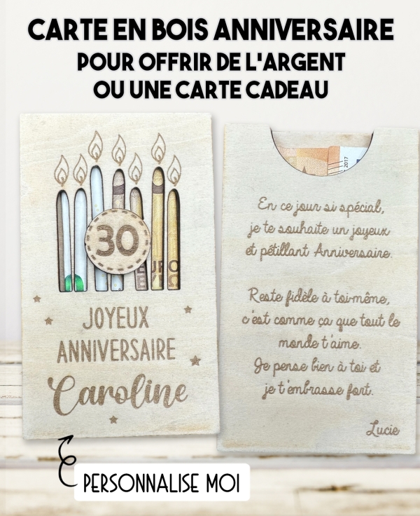 carte en bois anniversaire. Carte cadeau fête. Cadeau anniversaire original. offrir argent anniversaire original
