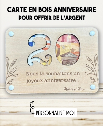 carte en bois anniversaire. Carte cadeau fête. Cadeau anniversaire original. offrir argent anniversaire original