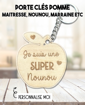 Porte clés pomme maitresse. Porte clés bois cadeau. cadeau bois maitresse. cadeau ATSEM original. Porte clés ATSEM
