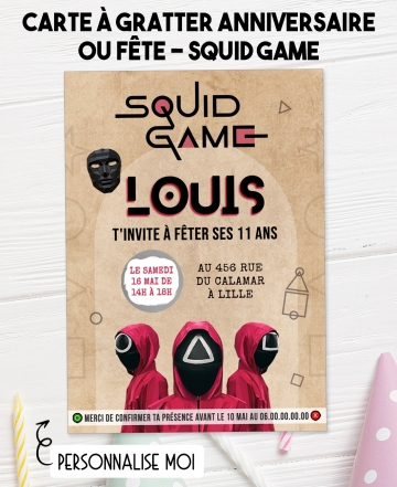 carte invitation. carte fête Squid Game. carte anniversaire Squid Game. anniversaire Squid Game.