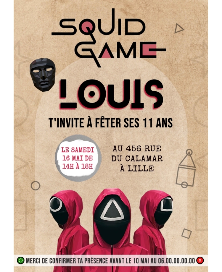 carte invitation. carte fête Squid Game. carte anniversaire Squid Game. anniversaire Squid Game.