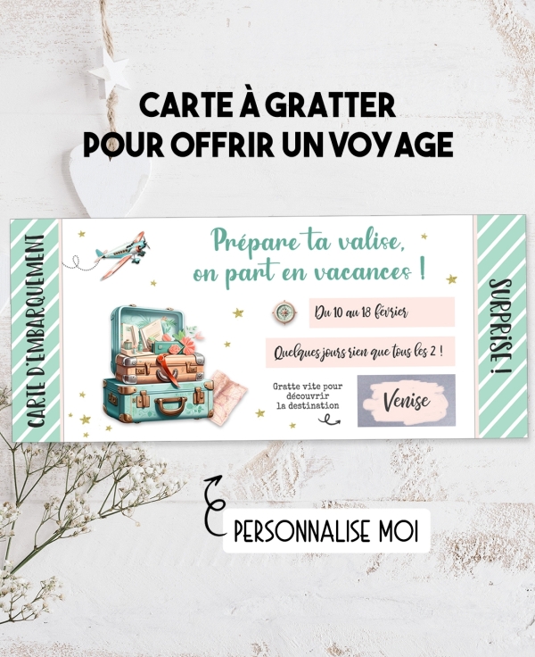 Carte à gratter "Carte d'embarquement" pour annoncer un voyage surprise