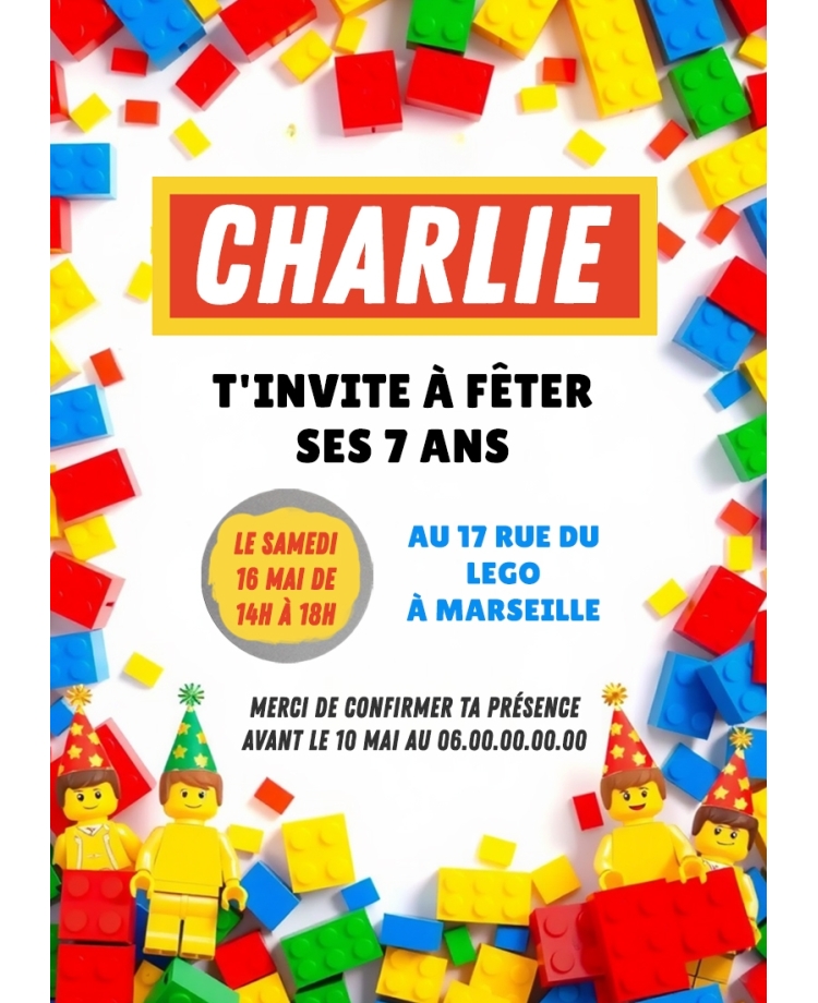 carte invitation. carte fête Lego. carte anniversaire Lego. anniversaire Lego. carte gratter Lego.