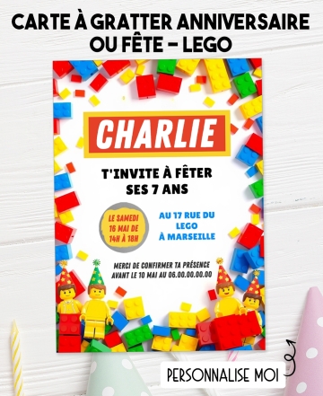 carte invitation. carte fête Lego. carte anniversaire Lego. anniversaire Lego. carte gratter Lego.