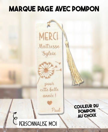 Marque page pompon en bois. marque page adulte bois personnalisé. cadeau maîtresse
