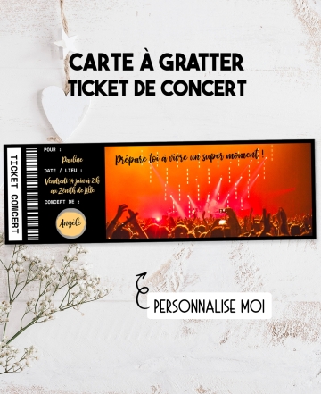 Carte à gratter ticket concert. carte surprise concert. carte gratter personnalisé sortie concert. carte concert surprise