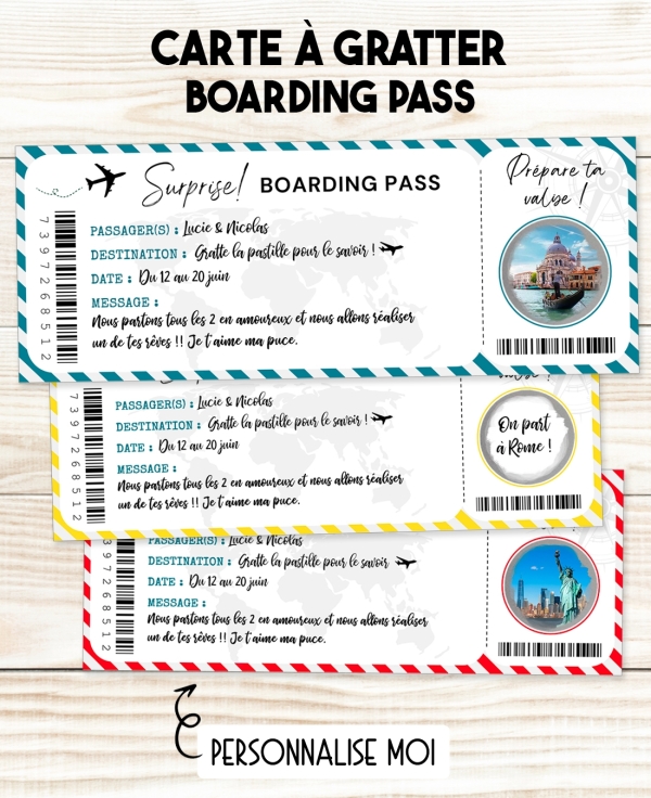 Carte d'embarquement à gratter. Carte annonce voyage. carte gratter voyage. carte voyage surprise. carte cadeau surprise voyage