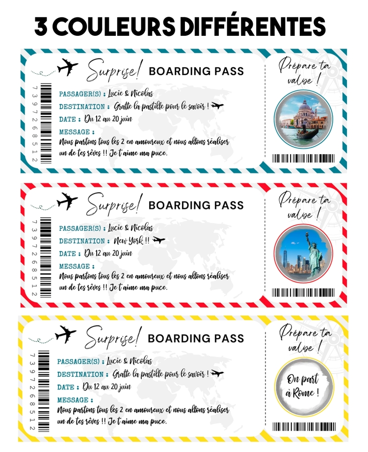 Carte d'embarquement à gratter. Carte annonce voyage. carte gratter voyage. carte voyage surprise. carte cadeau surprise voyage