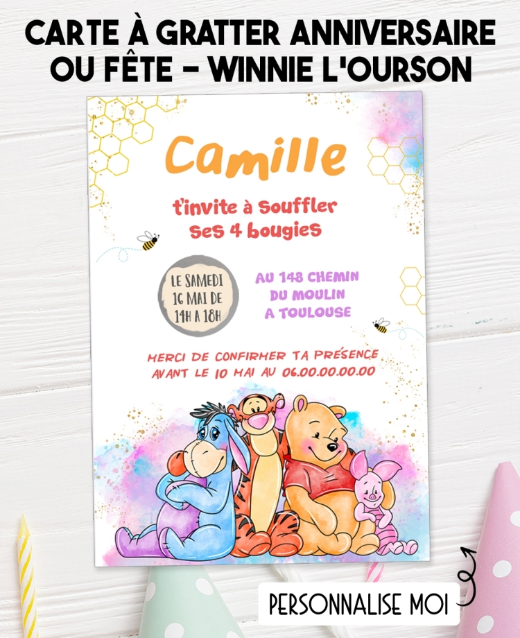 carte invitation. carte fête Winnie l'ourson. carte anniversaire winnie. anniversaire Lego. carte gratter Winnie l'ourson.
