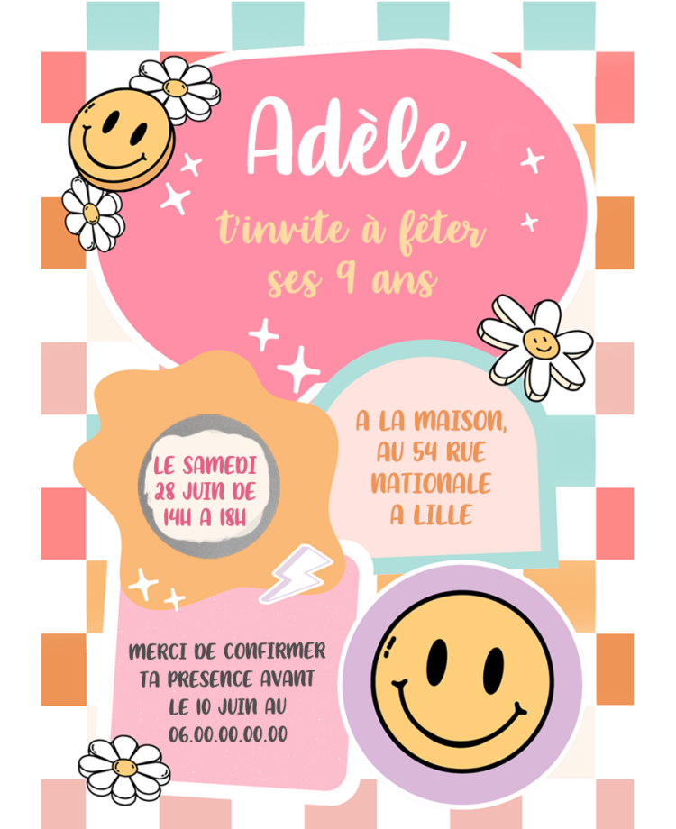 carte invitation fille. carte fête fille. carte anniversaire smiley. anniversaire fille. carte invitation gratter.