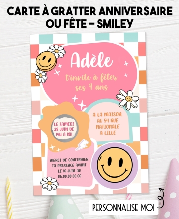 carte invitation fille. carte fête fille. carte anniversaire smiley. anniversaire fille. carte invitation gratter.