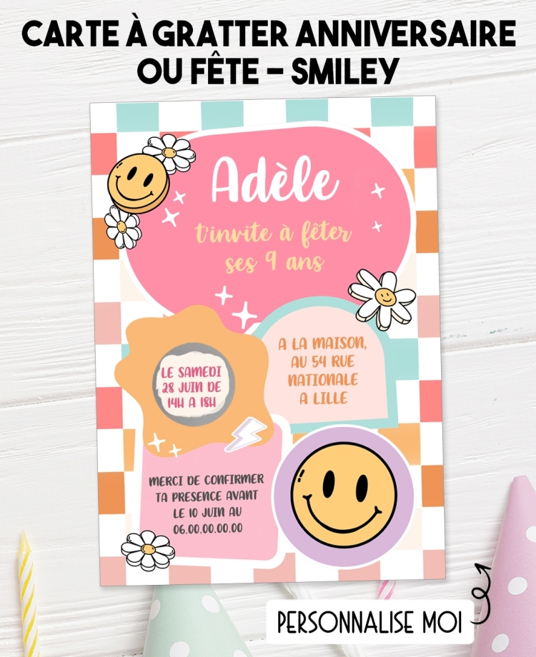 carte invitation fille. carte fête fille. carte anniversaire smiley. anniversaire fille. carte invitation gratter.