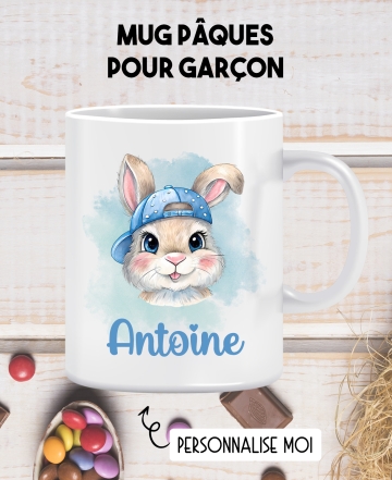 Mug enfant Pâques personnalisable. cadeau Pâques garçon. mug lapin garçon
