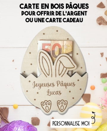 carte en bois pâques. Carte cadeau pâques. Cadeau pâques original. offrir argent pâques original