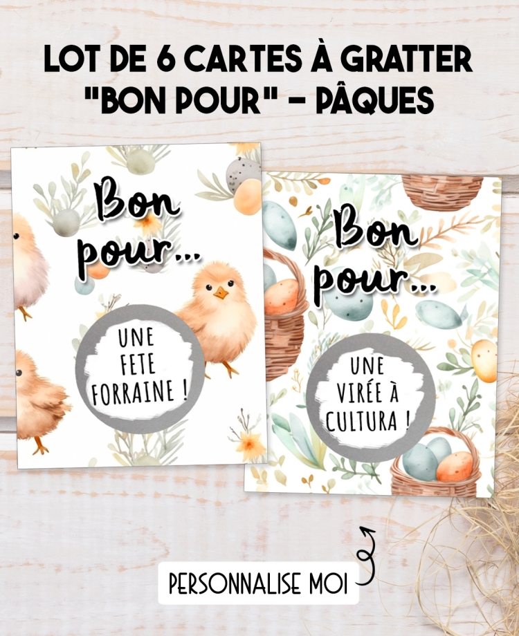 6 cartes à gratter "Bon pour"  enfants Pâques. carte cadeau enfant. carte gratter bon pour. carte Pâques enfants