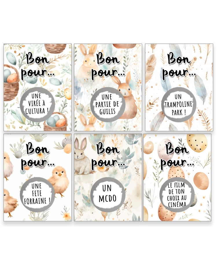 6 cartes à gratter "Bon pour"  enfants Pâques. carte cadeau enfant. carte gratter bon pour. carte Pâques enfants