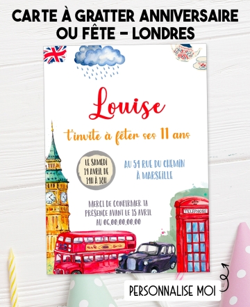 carte invitation londres. carte fête fille. carte anniversaire londres. anniversaire fille. carte invitation gratter.