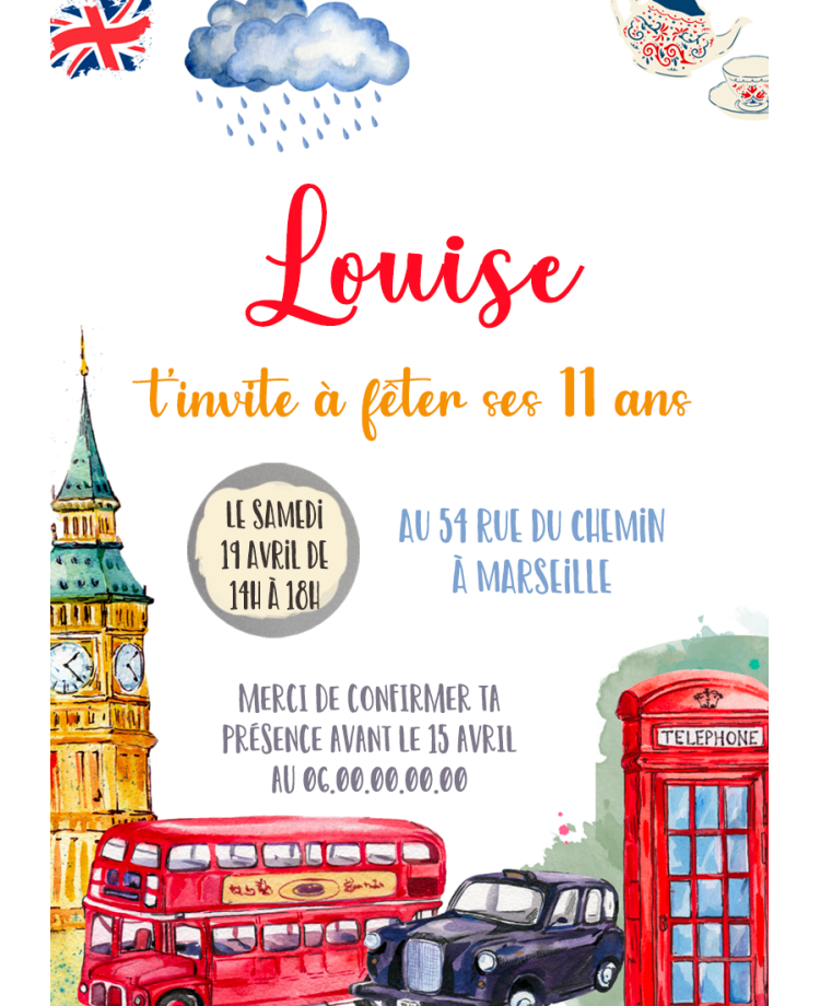 carte invitation londres. carte fête fille. carte anniversaire londres. anniversaire fille. carte invitation gratter.
