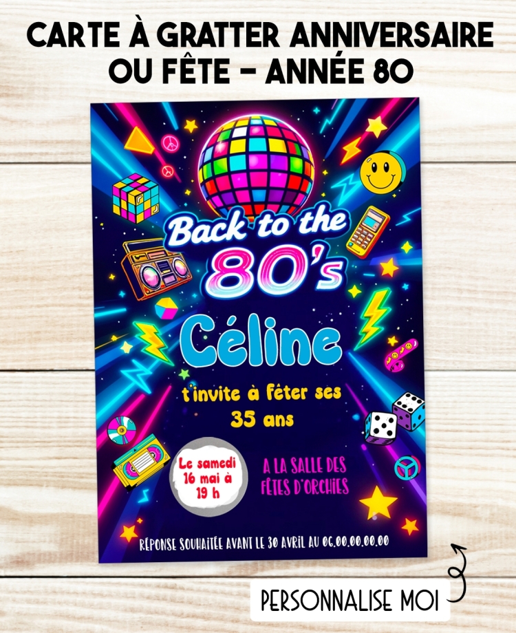 carte invitation. carte fête  Année 80. carte adulte anniversaire Année 80. anniversaire Année 80.