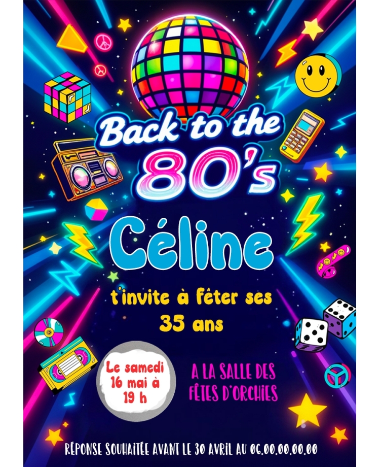 carte invitation. carte fête  Année 80. carte adulte anniversaire Année 80. anniversaire Année 80.