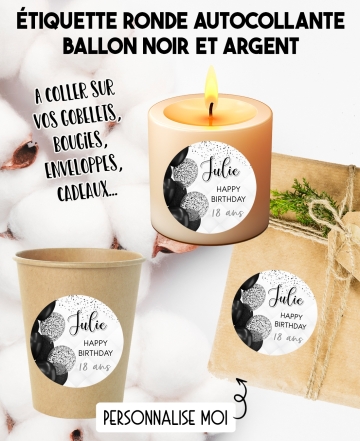 Étiquette autocollante fête noir argent. étiquette gobelet. étiquette anniversaire. étiquette personnalisé bougie.