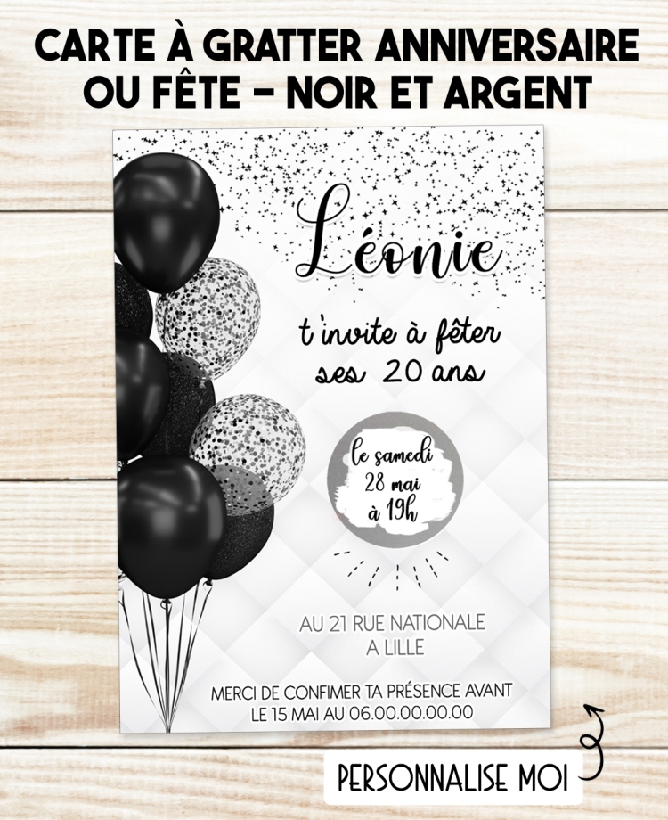 invitation anniversaire ballon noir. carte invitation adulte. carte adulte. invitation original. invitation fête 20 ans