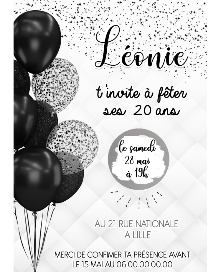 invitation anniversaire ballon noir. carte invitation adulte. carte adulte. invitation original. invitation fête 20 ans