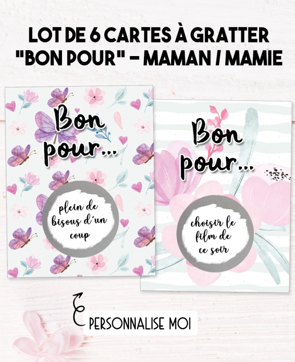cartes à gratter "Bon pour" maman. carte cadeau fête mère. carte gratter bon pour mamie. idée cadeau fête mère