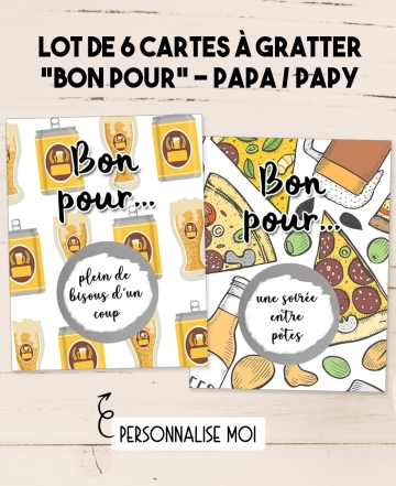 cartes à gratter "Bon pour"  papa. carte cadeau fête père. carte gratter bon pour papy papi. idée cadeau fête père