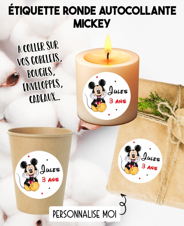 Étiquette autocollante mickey. étiquette gobelet. étiquette anniversaire enfant mickey. étiquette personnalisé bougie.
