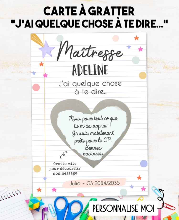 Cadeau fin année scolaire. Carte message maitresse. merci nounou. carte ATSEM. cadeau maîtresse.