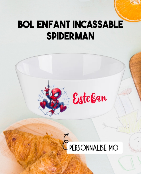 Bol enfant personnalisé en plastique spiderman. Bol plastique prénom. bol enfant spiderman personnalisé. gobelet plastique.
