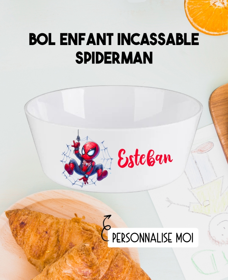 Bol enfant personnalisé en plastique spiderman. Bol plastique prénom. bol enfant spiderman personnalisé. gobelet plastique.