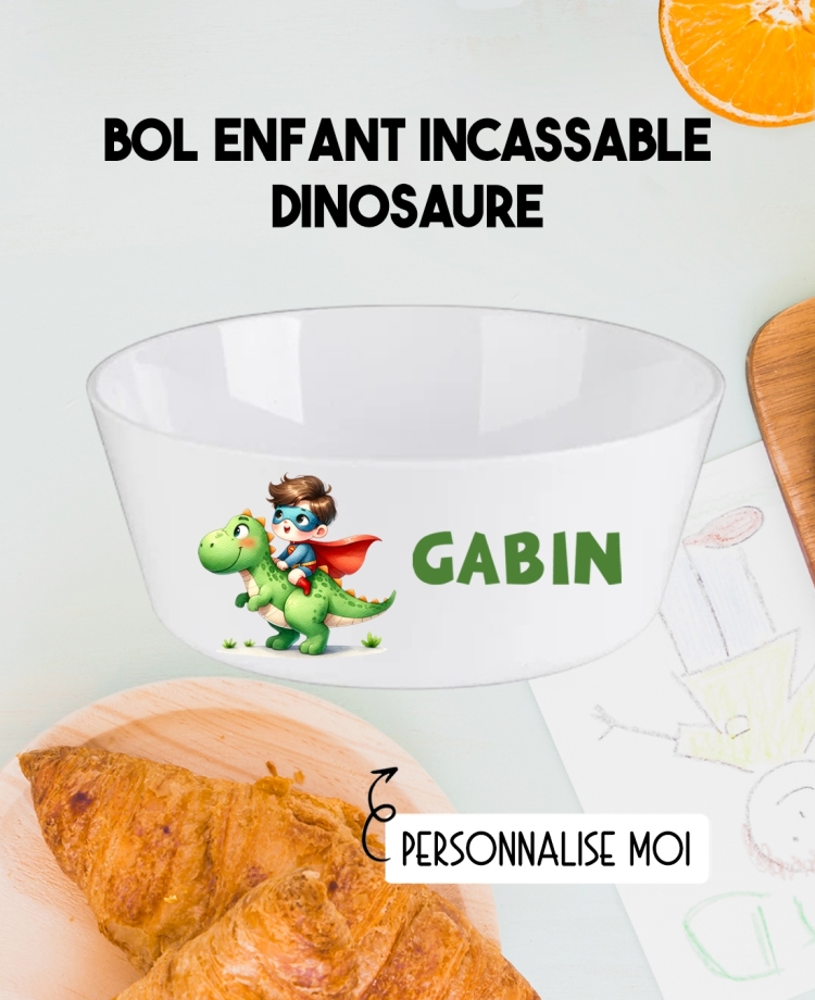 Bol enfant personnalisé en plastique dinosaure. Bol plastique prénom. bol enfant dinosaure personnalisé. gobelet plastique.