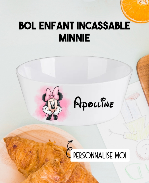 Bol enfant personnalisé en plastique minnie. Bol plastique prénom. bol enfant minnie personnalisé. gobelet plastique.