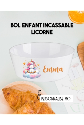 Bol enfant personnalisé en plastique licorne. Bol plastique prénom. bol enfant licorne personnalisé. gobelet plastique.
