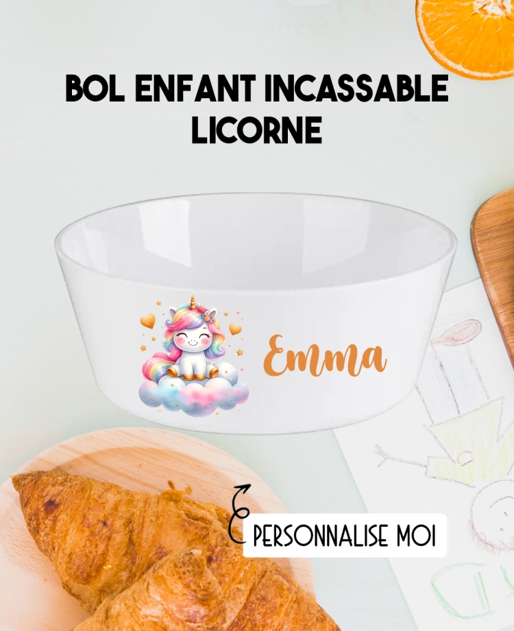 Bol enfant personnalisé en plastique licorne. Bol plastique prénom. bol enfant licorne personnalisé. gobelet plastique.