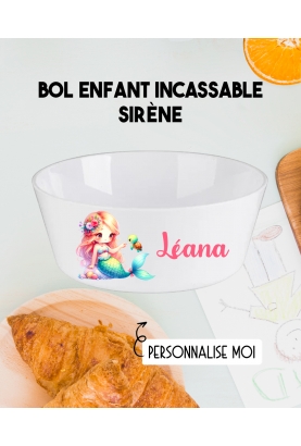 Bol enfant personnalisé en plastique sirène. Bol plastique prénom. bol enfant sirène personnalisé. gobelet plastique.